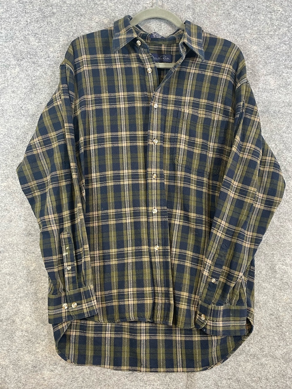 Vintage Oscar de la Renta Plaid Flannel Shirt Green Navy Large Cotton Luxury